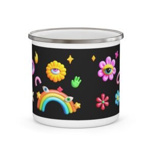 Whimsical Enamel Camping Mug - Colorful Floral & Eye Designs, Unique Outdoor Mug, Camping Gift, Boho Mug, Retro Vibes